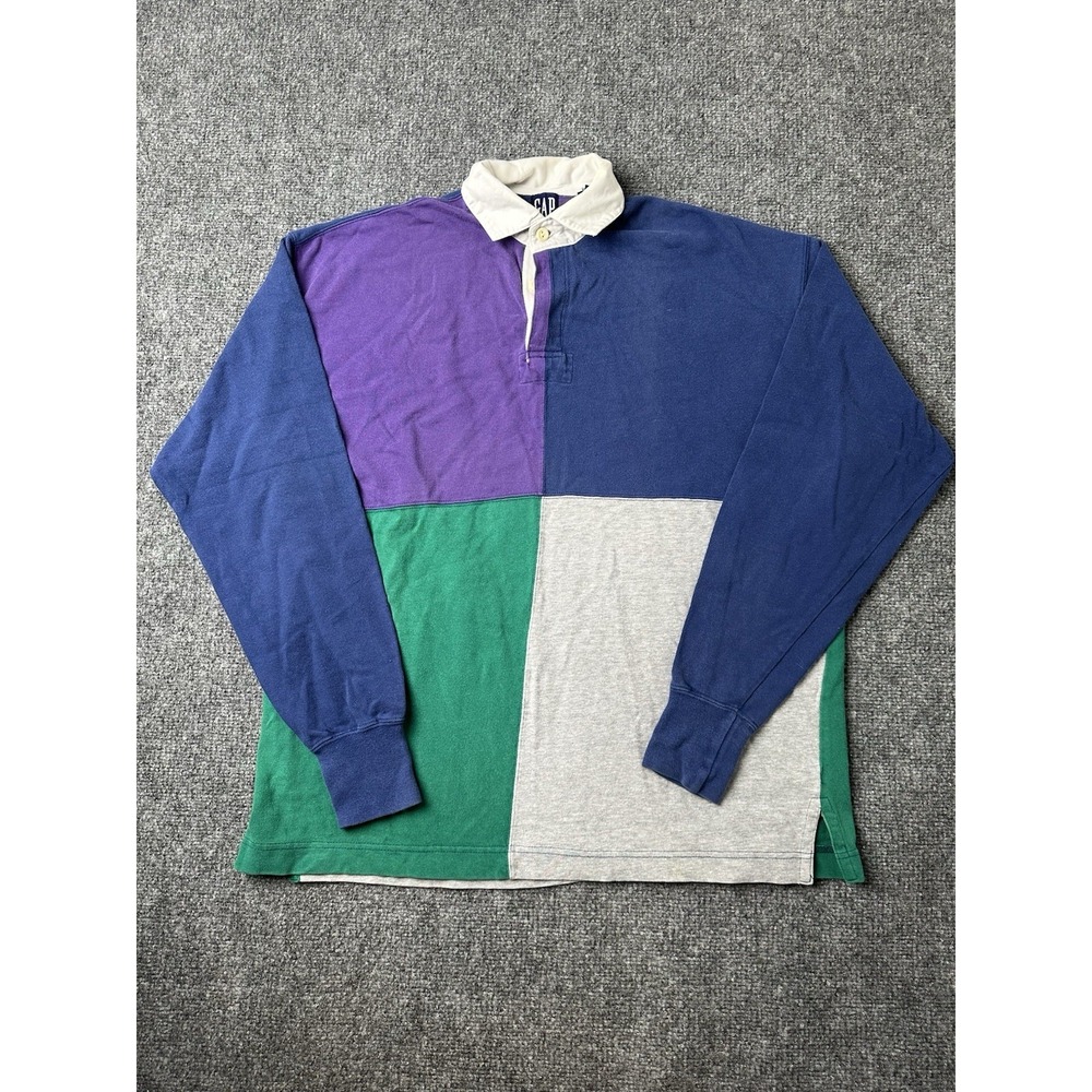 Mens Polo Shirt GAP Colorblock Rugby Long Sleeve Cotton, Size S